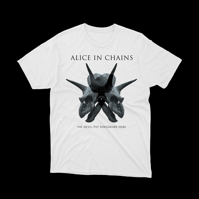 T-shirt bianca alice in chains the devil put dinosaurs here T-shirt bianca alice in chains the devil put dinosaurs here